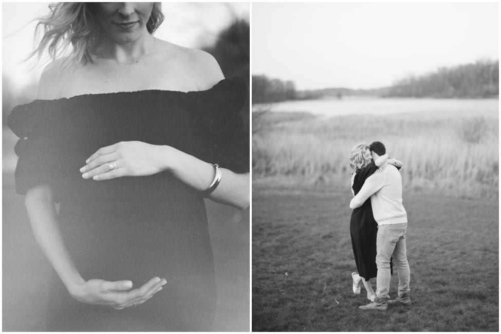 black and white photo of a mom holding her belly for a maternity photography session taken in naples florida. The photo on the right is the couple embracing in a hug